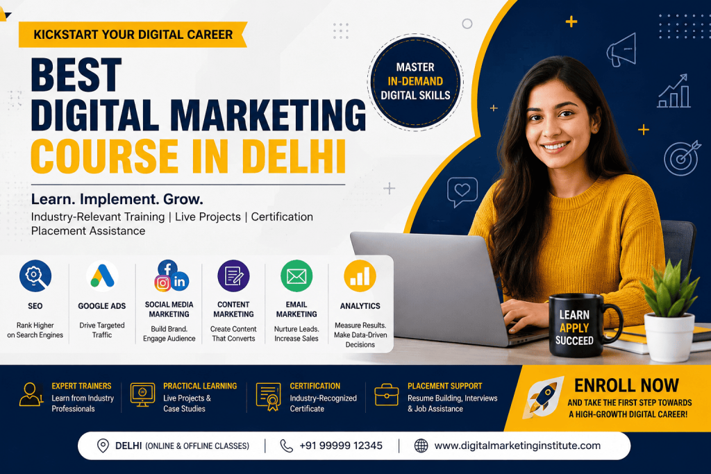 Best Digital Marketing Course in Delhi banner with SEO, Google Ads, Social Media Marketing, Content Marketing, Email Marketing, Analytics, and Placement Support